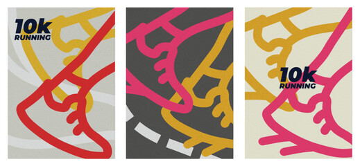 Minimalist running poster with bold outline shoe and abstract background in retro vector design