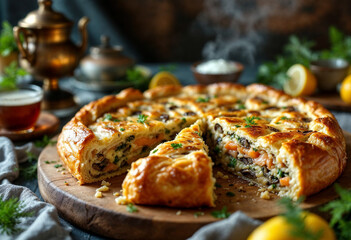 Fish and mushroom pie sliced open on a rustic wooden board