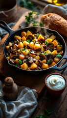 Fried potatoes and mushrooms served with sour cream and bread