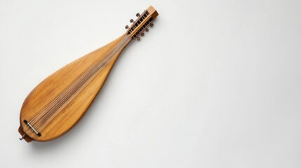 A dulcimer with a wooden body, leaving ample space on the right for text, against a clean white backdrop