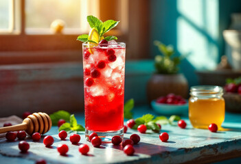 Cranberry lemonade with mint and lemon in a sunny interior