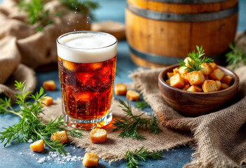 Rustic kvass drink with ice and dill served with croutons