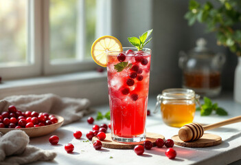 Chilled cranberry lemonade with honey and lemon on a white table