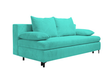 Turquoise sofa isolated on white. Furniture for living room interior