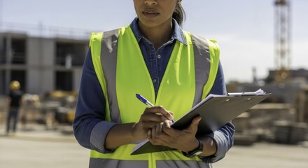 Female construction manager in a high visibility vest holding a clipboard on a building site