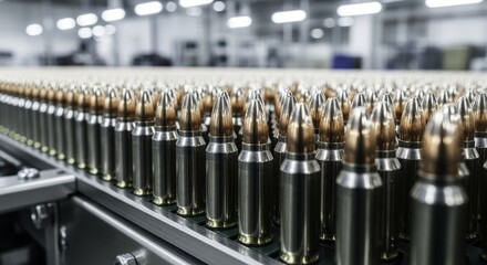 Mass production of ammunition, rows of bullets moving on a conveyor belt in a factory