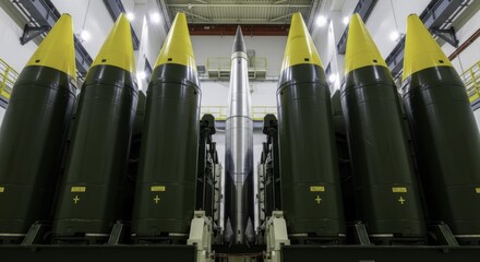 Six massive intercontinental ballistic missiles standing in a secure industrial facility
