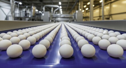 Rows of fresh white chicken eggs on a blue conveyor belt in a food processing plant