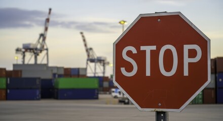 Obraz premium Red octagonal STOP sign at a busy shipping port with cargo containers and cranes