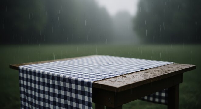 Rustic wooden table with blue checkered tablecloth in a rainy forest clearing
