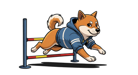 Athletic Shiba Inu Dog Jumping Hurdles Adorable Cartoon Illustration