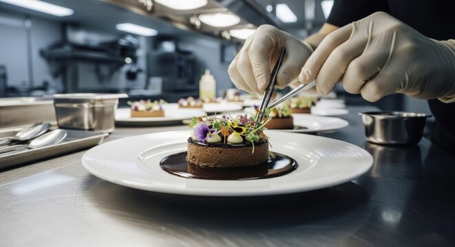 Professional chef decorating gourmet chocolate dessert with tweezers in modern kitchen