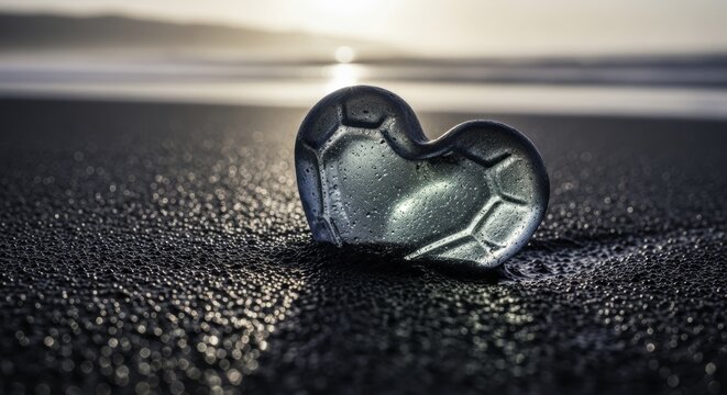 Heart shaped sea glass on wet black volcanic sand beach at sunset