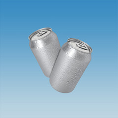 Aluminum cans with water drops in air on blue background