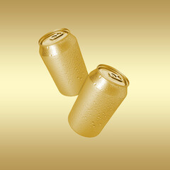 Aluminum cans with water drops in air on golden gradient background