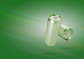 Aluminum cans in air on green gradient background. Space for text