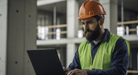Bearded male construction worker using laptop at active building site