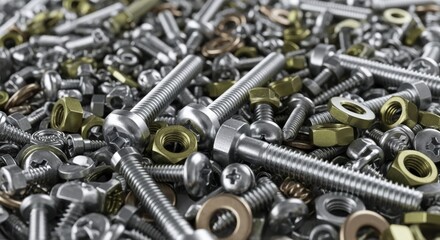 Close up of a large pile of assorted metal fasteners, bolts, nuts, and screws