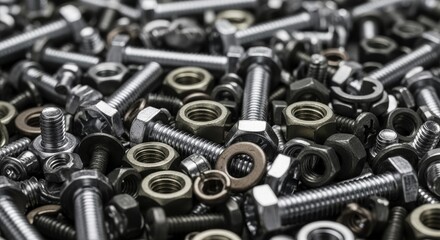 Industrial assortment of shiny metal bolts, nuts, washers, and screws