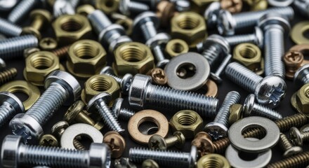 Close up of a large pile of assorted metal fasteners including bolts, nuts, washers, and screws