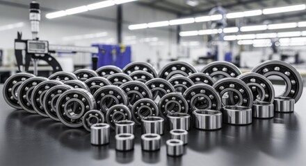 Collection of polished steel ball bearings in a precision manufacturing facility