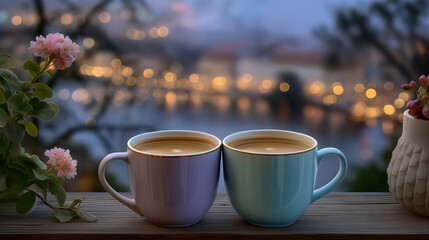 Fototapeta premium Morning coffee on the balcony with fog in the background