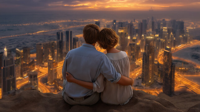 Romantic couple in desert embrace enjoying scenic view