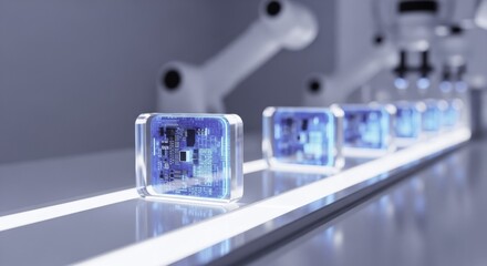 Futuristic production line with transparent microchip modules on conveyor belt