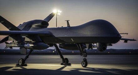 Fototapeta premium Advanced military drone with missiles on airfield at twilight