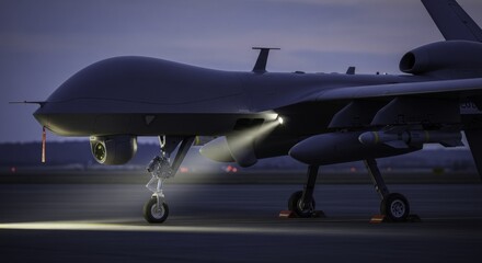 Naklejka premium Modern military drone on airfield at dusk with landing lights on