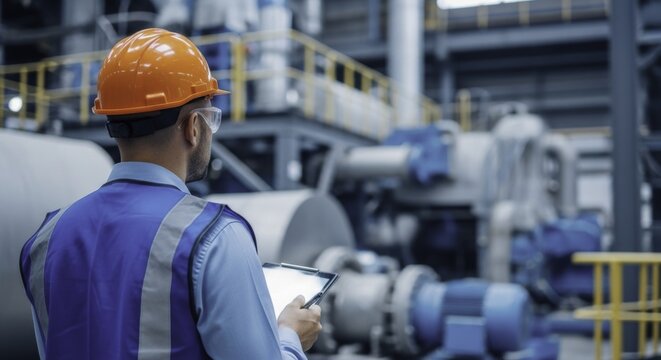Professional male engineer in hard hat and safety vest using tablet in industrial factory
