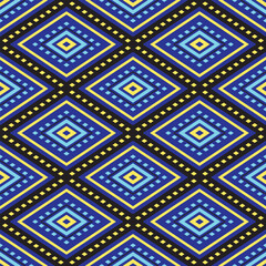 Geometric Pattern With Blue And Yellow Diamonds On Black. fabric pattern