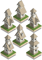 Set of medieval houses. Isometric. Isolated on white background. Vector illustration.