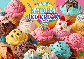 A Festive National Ice Cream Day Celebration With Colorful Scoops and Cones Galore A Delicious and Joyful Treat