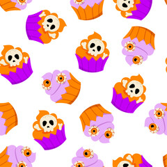 Halloween cupcakes seamless pattern. Vector Halloween repeat print with cute little cake, decorated with skulls, bones and zombie eyes. Funny texture for fabric, decor, wrapping, backdrop, background.