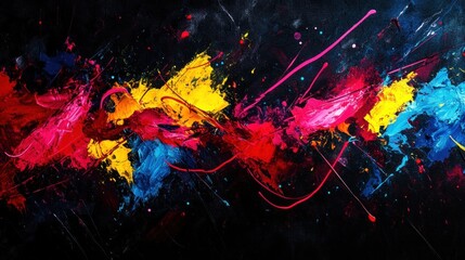 A dynamic abstract design with vibrant streaks of neon red, yellow, and blue cutting through a dark background, creating an energetic and lively effect