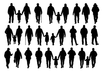 Silhouettes of people walking isolated on white background