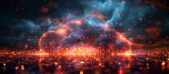 Naklejka premium Abstract cloud computing cityscape at night.