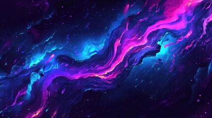 A dynamic abstract scene with bold, swirling neon lines in blue, purple, and pink cutting through a dark space, creating an energetic, tech-inspired atmosphere