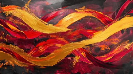 A dynamic abstract scene with flowing ribbons of deep red, orange, and yellow intertwined with glowing gold accents, creating a fiery and passionate visual impact