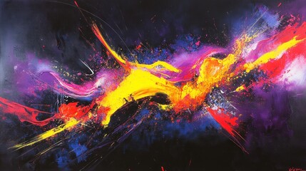 A dynamic abstract scene with glowing neon streaks in bold colors like yellow, red, and purple, cutting through a dark canvas, creating an energetic feel