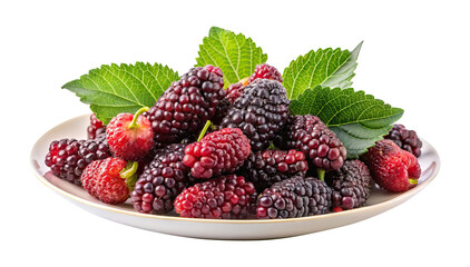 Plate of fresh and juicy mulberries with green leaves on white background or Transparent PNG