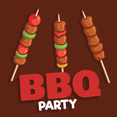 Vector illustration of three shashlik with grilled meat and vegetables. Kebab, shashlik, grilled on a skewer, food meat in cartoon style and bbq party