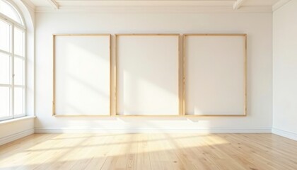 Fototapeta premium Empty interior room with large windows and wooden floor in modern home design