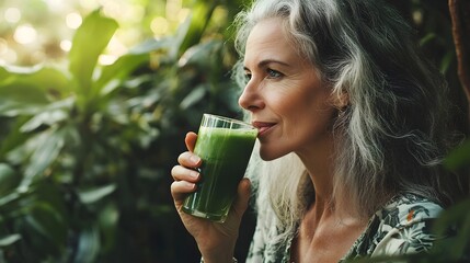 Woman Drinking Green Smoothie — Healthy Nutrition and Detox Lifestyle Concept