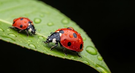 Obraz premium Two Ladybugs Crawling on a Wet Green Leaf with Water Droplets