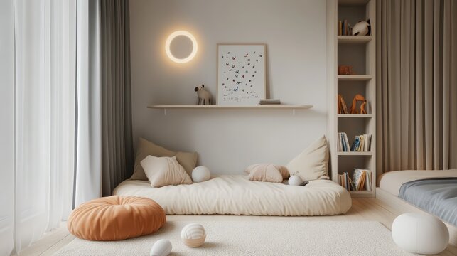Bright kid bedroom with a cozy reading nook featuring floor cushions, neutral colors, and a small bookshelf for favorite stories