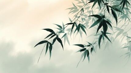 Fototapeta premium Gentle bamboo leaves swaying softly in the wind against a pale sky, representing lightness and calm