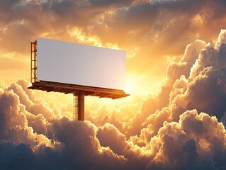 Empty White Billboard Surrounded By Dramatic Clouds and Sunset Light
