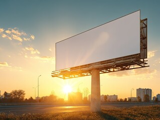 Empty White Billboard At Sunset Against Urban Landscape Background